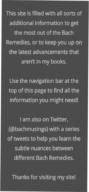This site is filled with all sorts of additional information to get the most out of the Bach Remedies, or to keep you up on the latest advancements that aren�t in my books.    Use the navigation bar at the top of this page to find all the information you might need!   I am also on Twitter, (@bachmusings) with a series of tweets to help you learn the subtle nuances between different Bach Remedies.  Thanks for visiting my site!